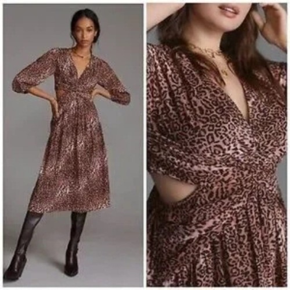 Anthropologie Brown Animal Print Cut Out Midi Tea Dress Large Boho Whimsical NWT